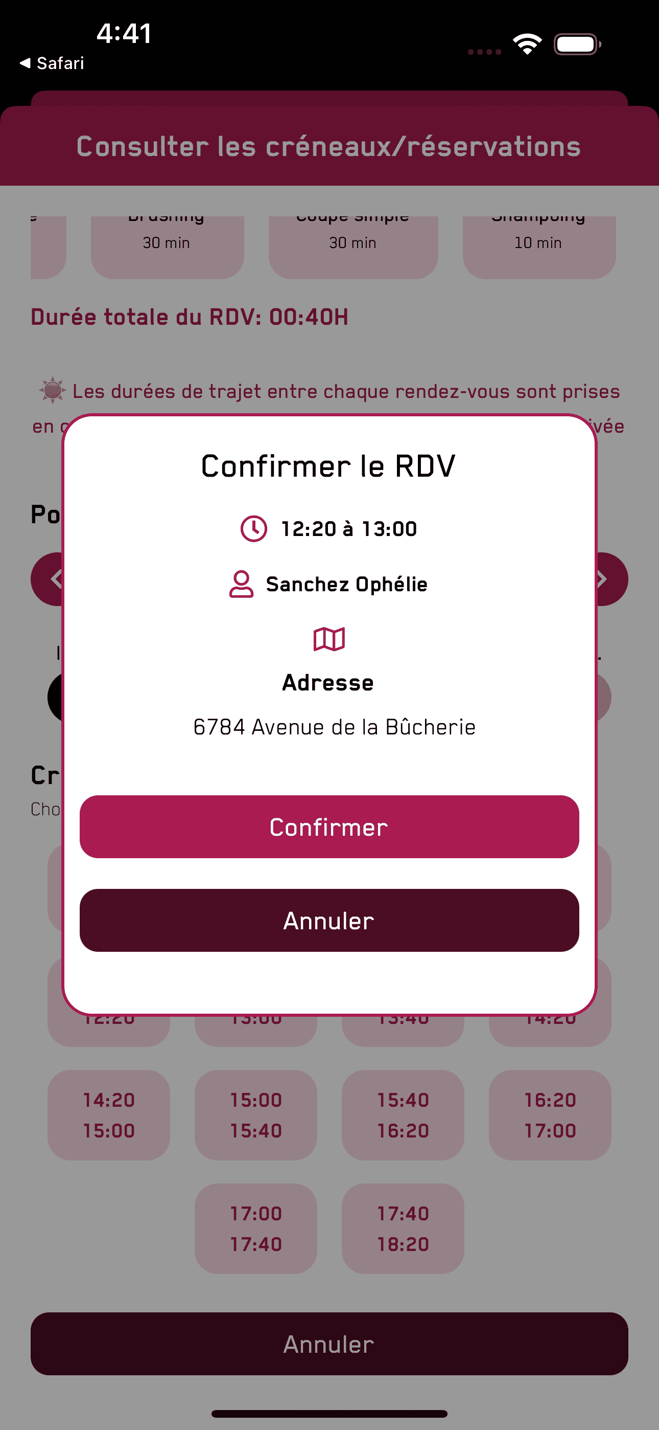 Tiffeo — Confirmation du créneau