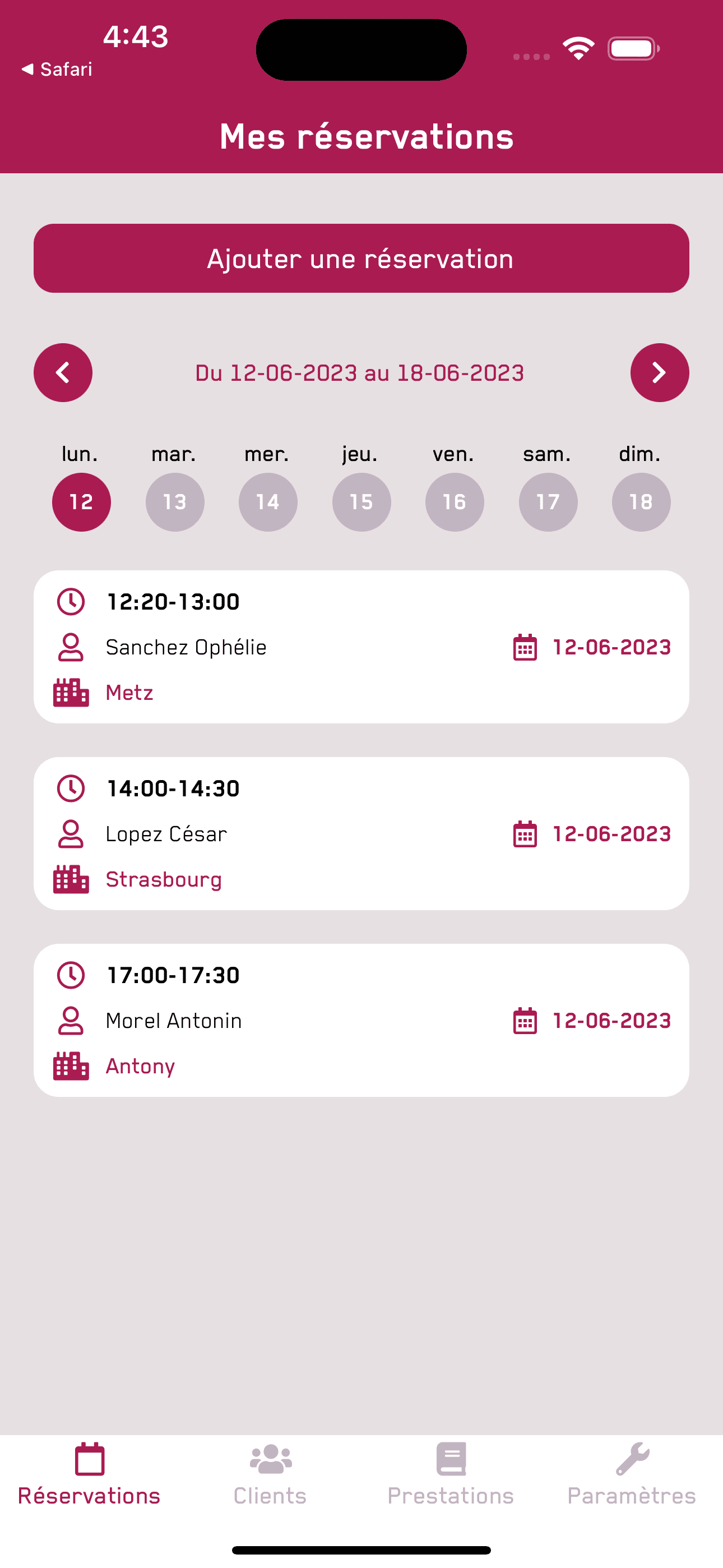 Tiffeo — Liste des réservations